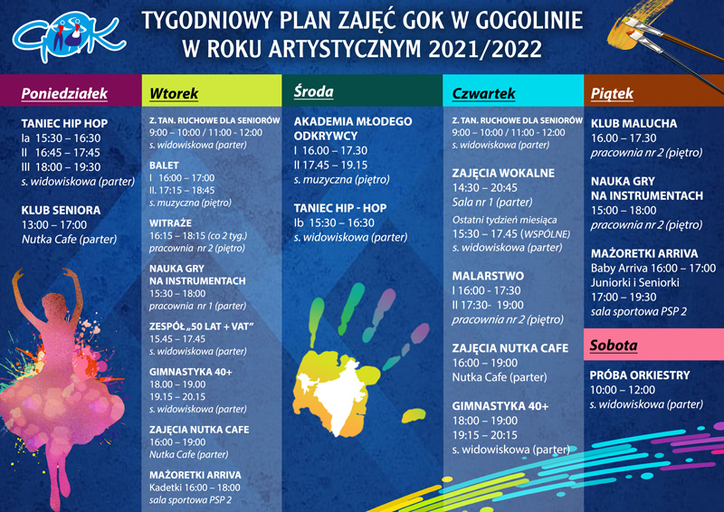 Tygodniowy plan zajęć Gminnego Ośrodka Kultury w Gogolinie w Roku Artystycznym 2021/2022